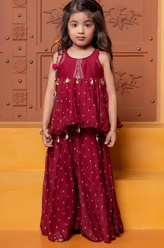 Maroon embroidered  chanderi silk co ord set