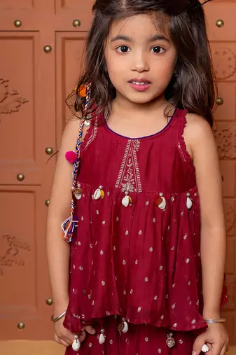 Maroon embroidered  chanderi silk co ord set