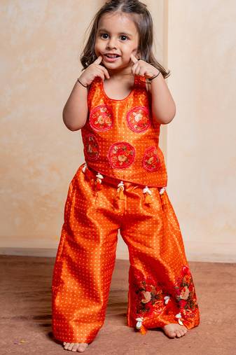 Orange embroidered  silk co ord set