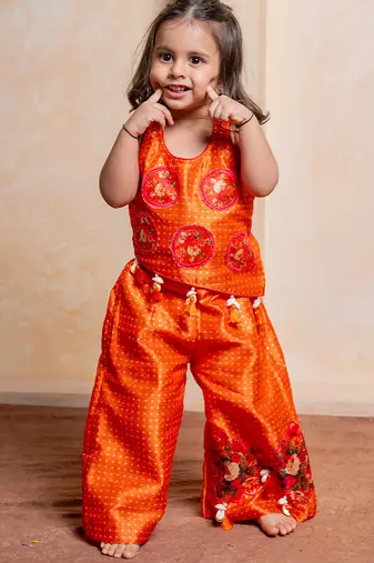 Orange embroidered  silk co ord set