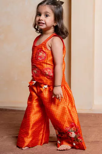 Orange embroidered  silk co ord set