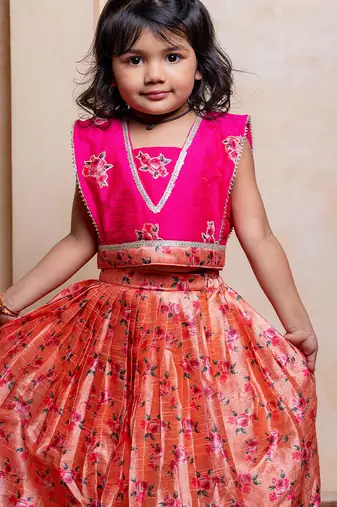 Multicolor printed silk lehenga