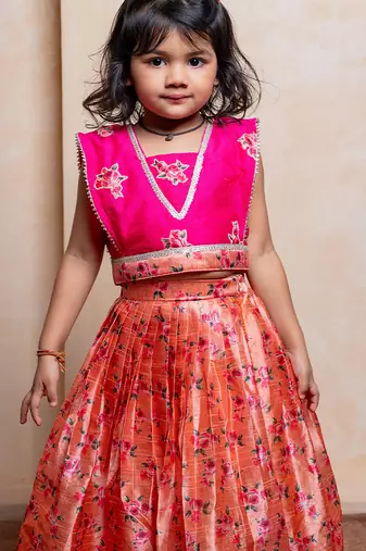 Multicolor printed silk lehenga