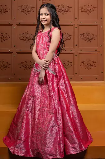 Pink embroidered  brocade lehenga