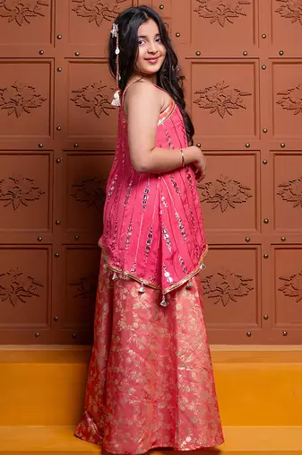 Pink and orange embroidered  brocade Co Ord Set