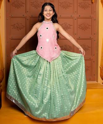 Pink and green embroidered  silk lehenga 1