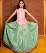 Pink and green embroidered  silk lehenga