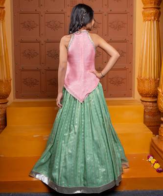 Pink and green embroidered  silk lehenga 2