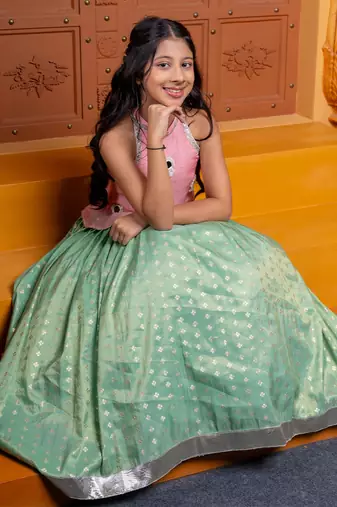 Pink and green embroidered  silk lehenga