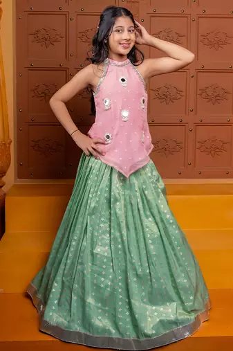 Pink and green embroidered  silk lehenga