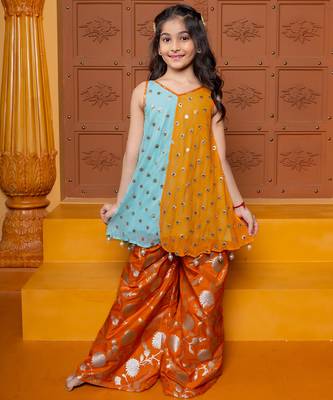 Blue and orange embroidered  silk Kurta set 1