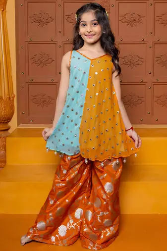 Blue and orange embroidered  silk Kurta set