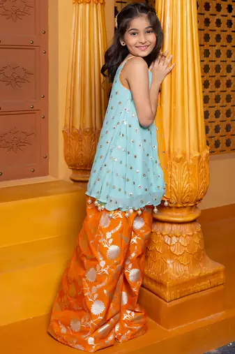 Blue and orange embroidered  silk Kurta set