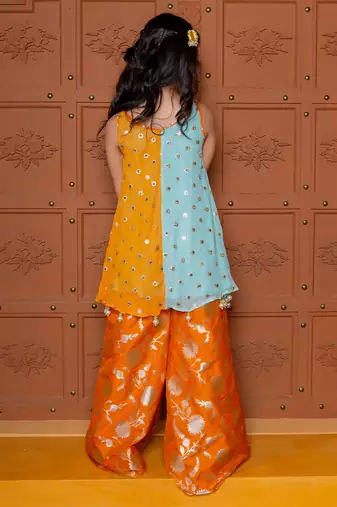 Blue and orange embroidered  silk Kurta set
