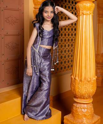 Purple embroidered  silk co ord set with jacket 1