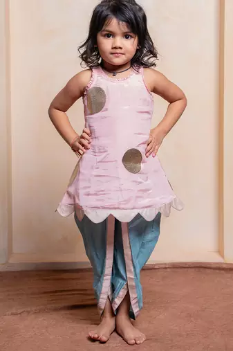 Pink and green embroidered  silk  kurta With Dhoti