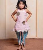 Pink and green embroidered  silk  kurta With Dhoti