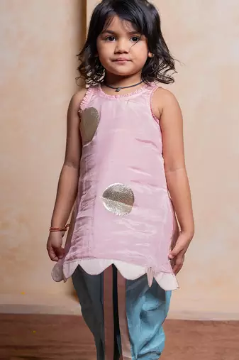 Pink and green embroidered  silk  kurta With Dhoti
