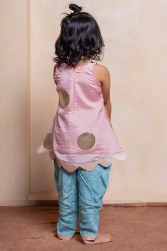 Pink and green embroidered  silk  kurta With Dhoti