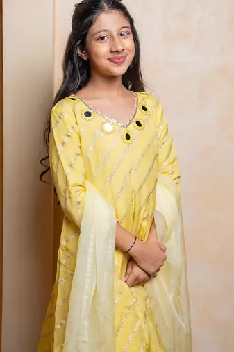Yellow embroidered  organza  kurta set