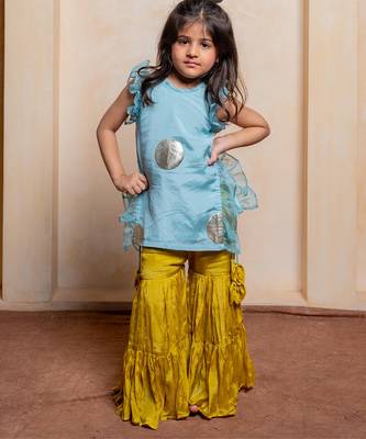 Blue and yellow embroidered  crepe  sharara set 1