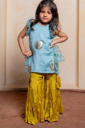 Blue and yellow embroidered  crepe  sharara set