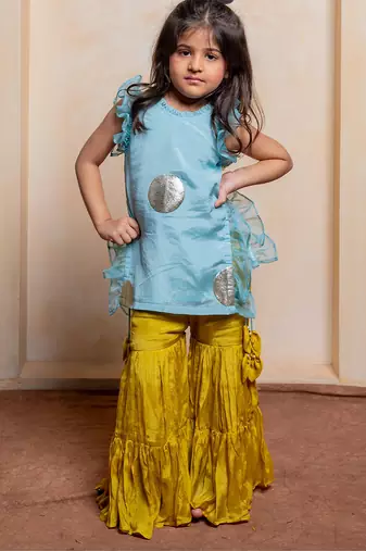 Blue and yellow embroidered  crepe  sharara set