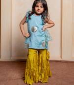 Blue and yellow embroidered  crepe  sharara set