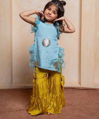 Blue and yellow embroidered  crepe  sharara set 2