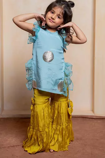 Blue and yellow embroidered  crepe  sharara set