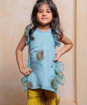 Blue and yellow embroidered  crepe  sharara set 3