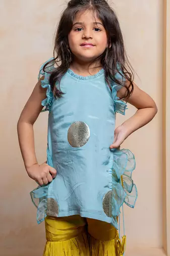 Blue and yellow embroidered  crepe  sharara set