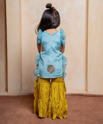 Blue and yellow embroidered  crepe  sharara set 4