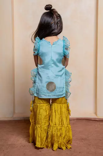 Blue and yellow embroidered  crepe  sharara set