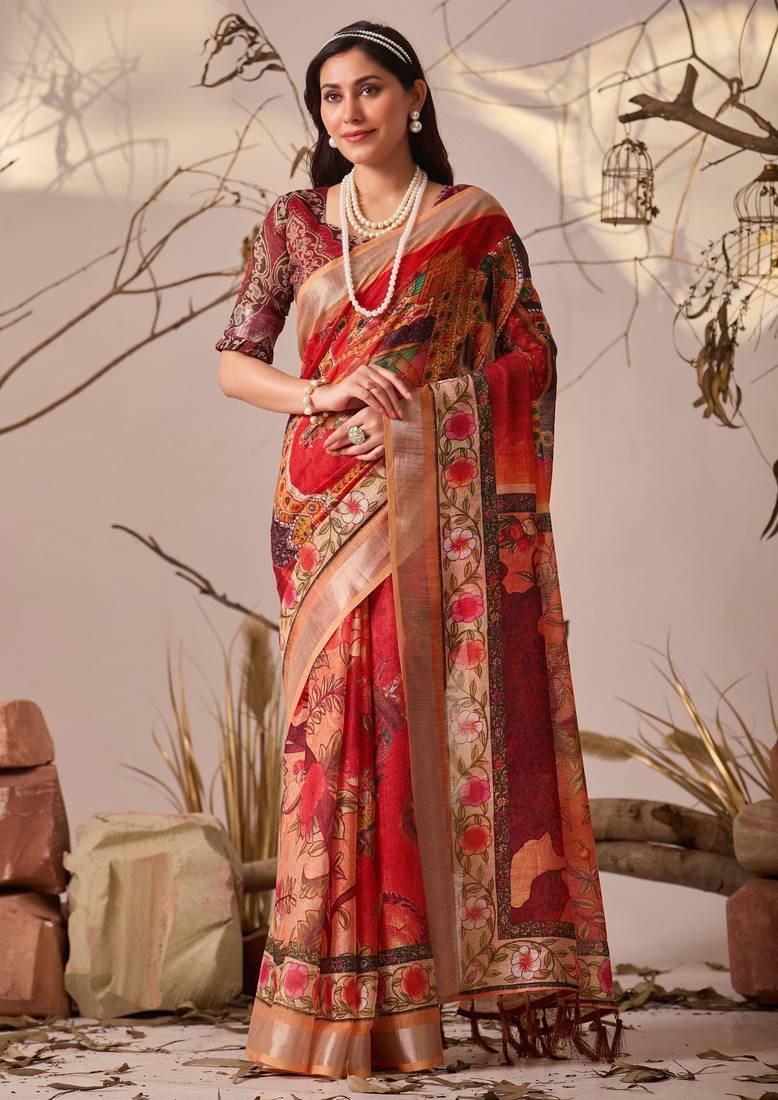 Premium Linen Cotton Digital Printed Saree With Blouse Set For Women's 