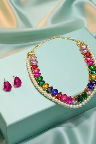 pearl mala ad & cz cubic zerconia crystal gemstone-studded jewelry set