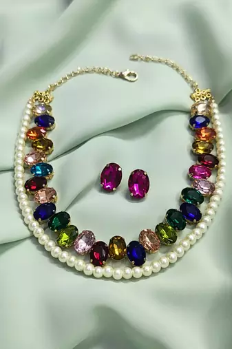 pearl mala multicolor ad & cz cubic zerconia crystal gemstone jewelry set
