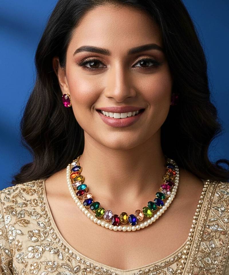 pearl mala multicolor ad & cz cubic zerconia crystal gemstone jewelry set