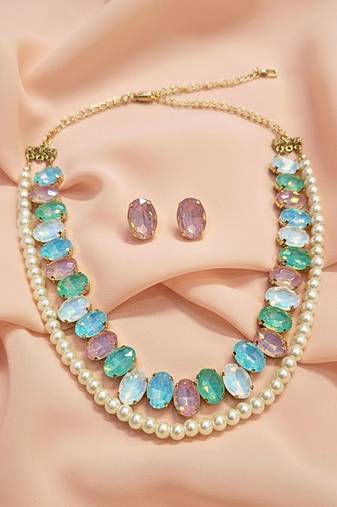 pearl mala light multi ad & cz cubic zerconia crystal gemstone jewelry set