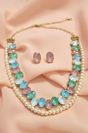 pearl mala light multi ad & cz cubic zerconia crystal gemstone jewelry set