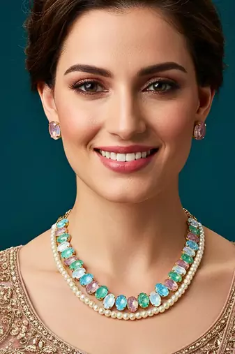 pearl mala light multi ad & cz cubic zerconia crystal gemstone jewelry set