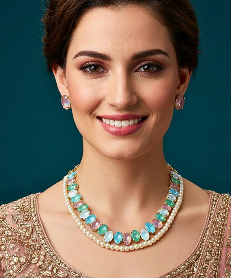 pearl mala light multi ad & cz cubic zerconia crystal gemstone jewelry set