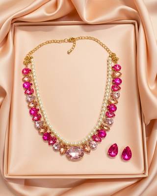 pearl mala pink color ad & cz cubic zerconia crystal gemstone jewelry set 1