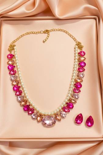 pearl mala pink color ad & cz cubic zerconia crystal gemstone jewelry set