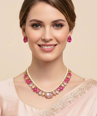 pearl mala pink color ad & cz cubic zerconia crystal gemstone jewelry set 2