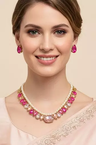 pearl mala pink color ad & cz cubic zerconia crystal gemstone jewelry set