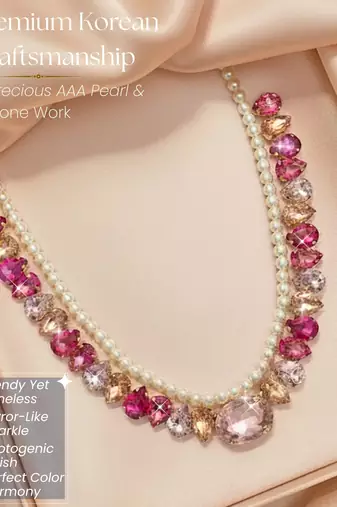 pearl mala pink color ad & cz cubic zerconia crystal gemstone jewelry set