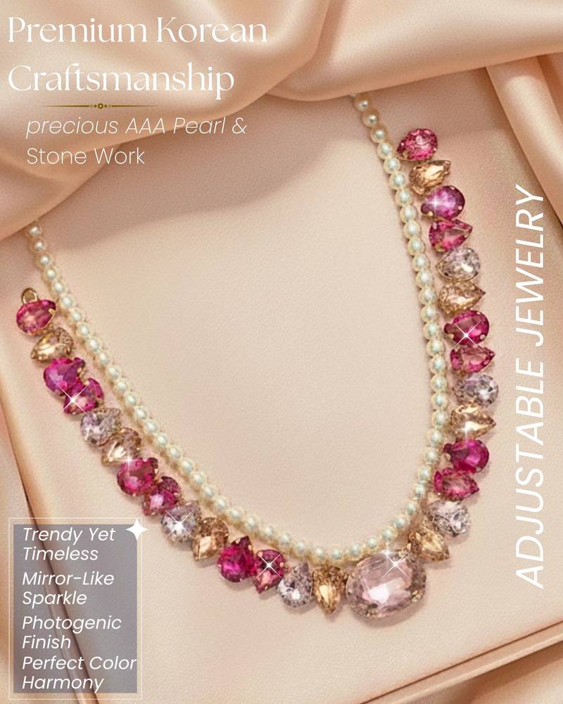 pearl mala pink color ad & cz cubic zerconia crystal gemstone jewelry set