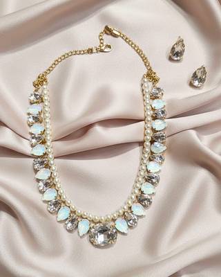 pearl mala golden white color ad & cz cubic zerconia crystal gemstone jewelry set 1