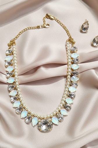 pearl mala golden white color ad & cz cubic zerconia crystal gemstone jewelry set